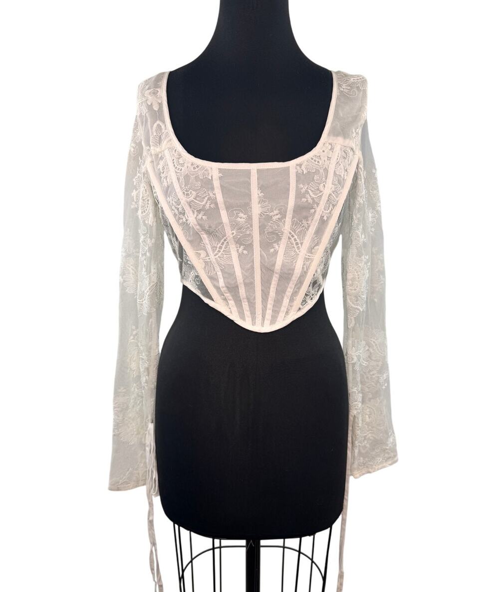 Pretty Little Thing Cream Corset Top Floral Sheer Lace Scoop Back Zip UK 12 NEW